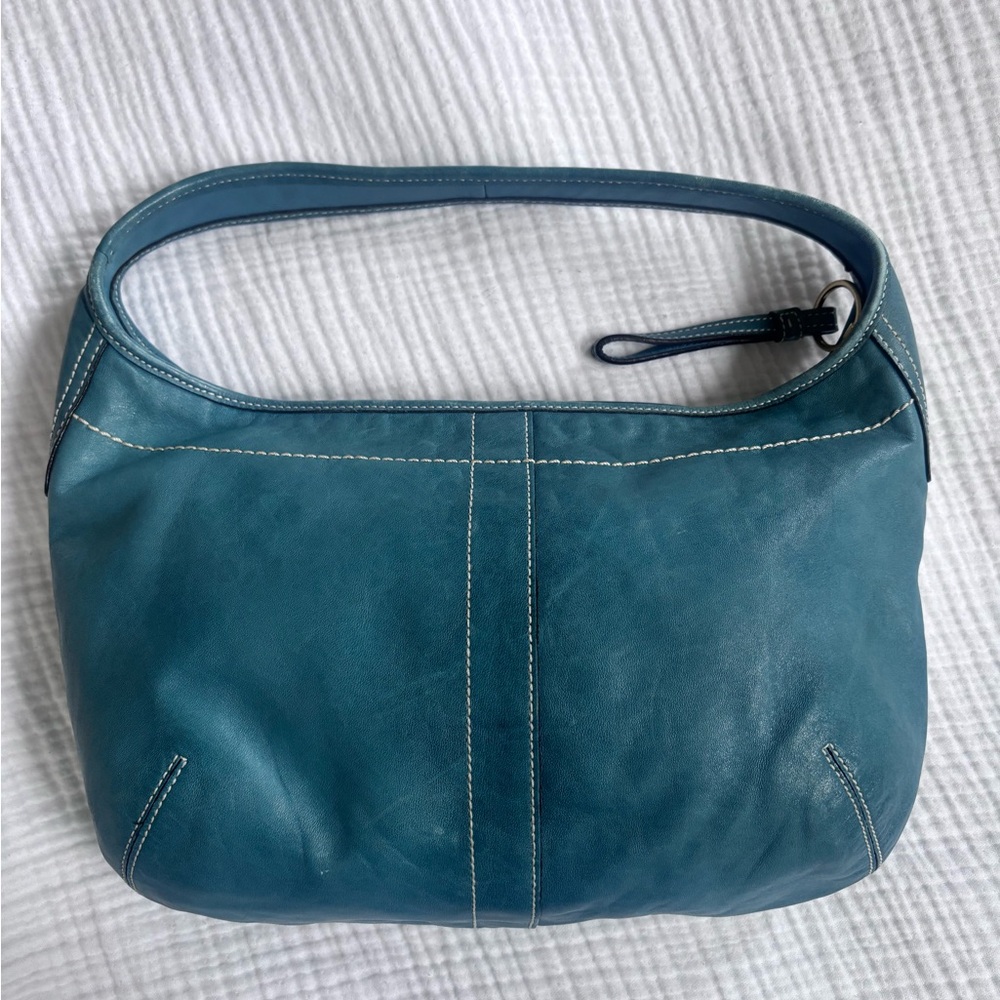 Vintage Y2K Coach Teal Leather Shoulder Bag with Front Pocket - Picture 4 of 12